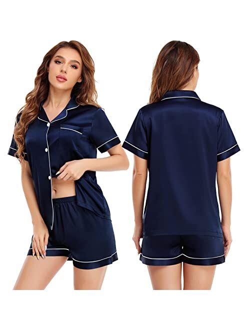 Sexqero Silk Satin Pajamas Set Womens Short Sleeve Sleepwear Button Down Loungewear 2 Piece PJ Sets