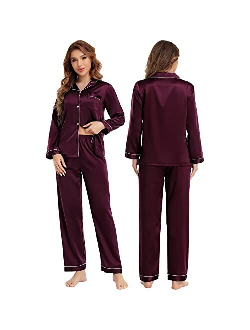 Sexqero Silk Satin Pajamas Set Womens Short Sleeve Sleepwear Button Down Loungewear 2 Piece PJ Sets