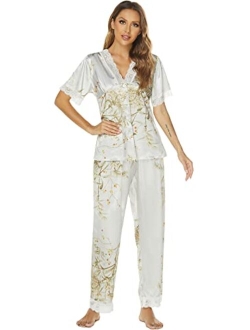 Moreone Womens Silk Satin Pajama Sets Lace Pjs Button Down Sleepwear Short Sleeve Lounge Set 2 Pieces Ladies V Neck Print Pajamas