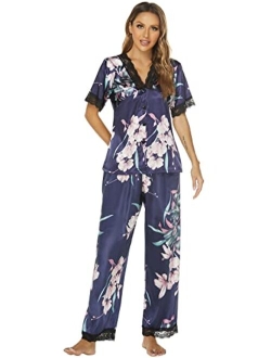 Moreone Womens Silk Satin Pajama Sets Lace Pjs Button Down Sleepwear Short Sleeve Lounge Set 2 Pieces Ladies V Neck Print Pajamas