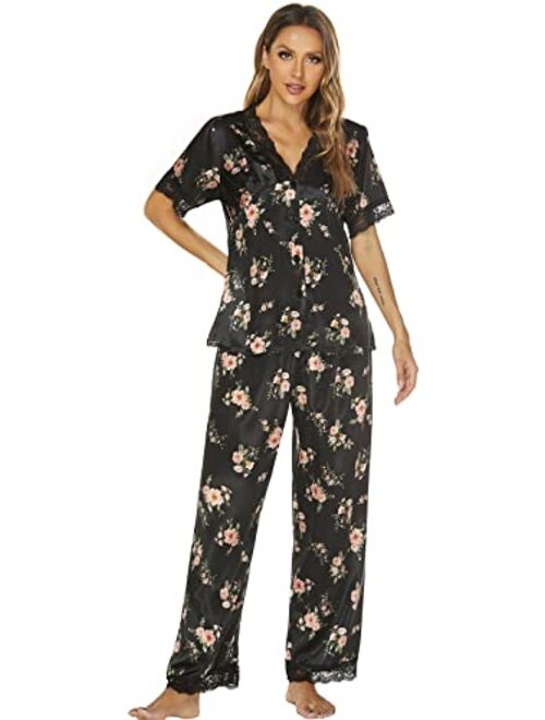 Moreone Womens Silk Satin Pajama Sets Lace Pjs Button Down Sleepwear Short Sleeve Lounge Set 2 Pieces Ladies V Neck Print Pajamas