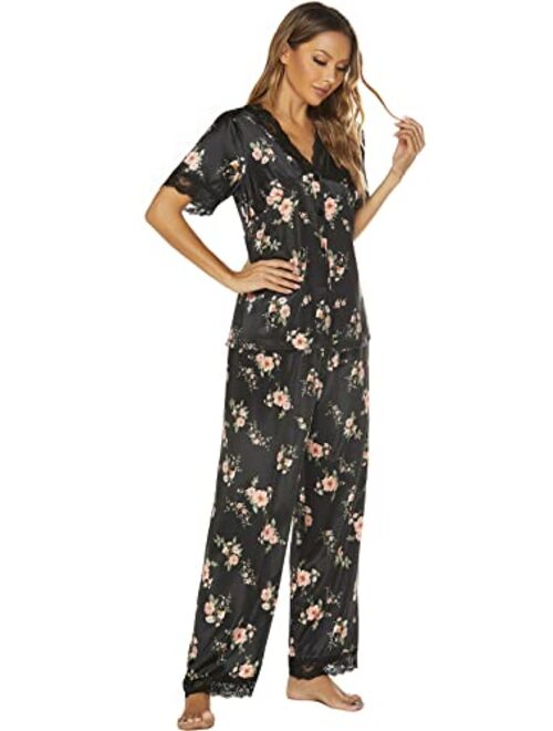 Moreone Womens Silk Satin Pajama Sets Lace Pjs Button Down Sleepwear Short Sleeve Lounge Set 2 Pieces Ladies V Neck Print Pajamas