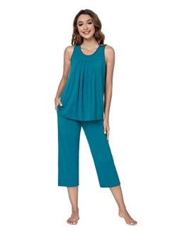 QUALFORT Women's Bamboo Pajamas Set Sleeveless Sleepwear Soft Tank Top Pjs Capri Pants Pajama Sets