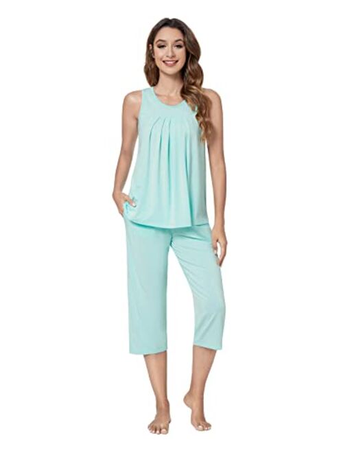 QUALFORT Women's Bamboo Pajamas Set Sleeveless Sleepwear Soft Tank Top Pjs Capri Pants Pajama Sets