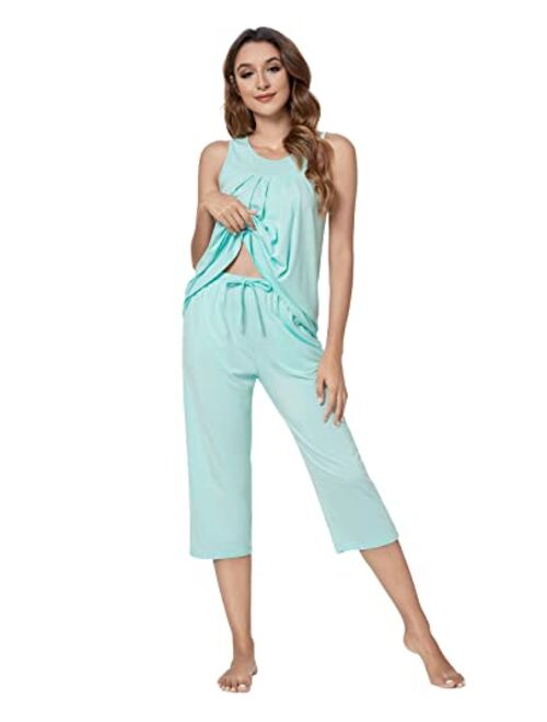 QUALFORT Women's Bamboo Pajamas Set Sleeveless Sleepwear Soft Tank Top Pjs Capri Pants Pajama Sets