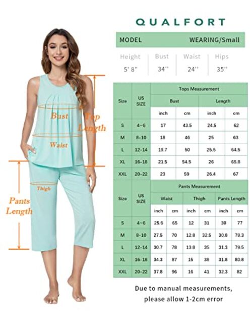 QUALFORT Women's Bamboo Pajamas Set Sleeveless Sleepwear Soft Tank Top Pjs Capri Pants Pajama Sets