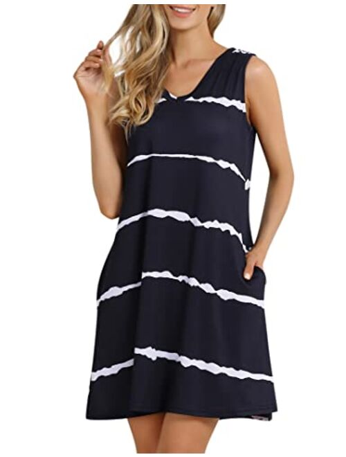 MISSKY Women's Nightgowns Sleeveless V Neck Nightdress Summer Sleepwear with Pockets