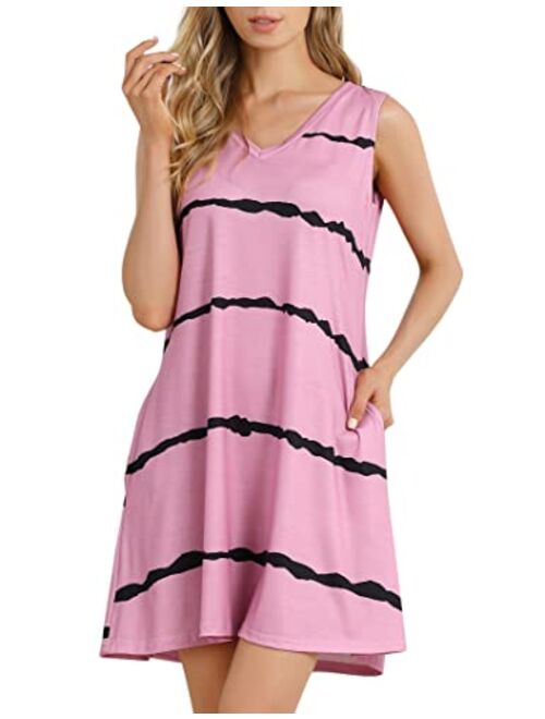 MISSKY Women's Nightgowns Sleeveless V Neck Nightdress Summer Sleepwear with Pockets