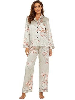 Anna&Chris Escalier Satin Silk Pajamas Set for Women Button Down Sleepwear 2 Piece Pjs Sets Long Sleeve Floral Womens Loungewear