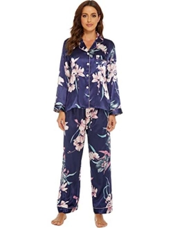 Anna&Chris Escalier Satin Silk Pajamas Set for Women Button Down Sleepwear 2 Piece Pjs Sets Long Sleeve Floral Womens Loungewear