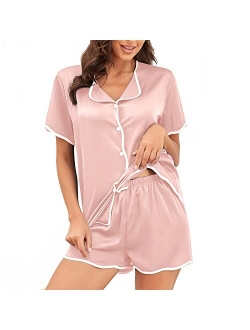 DUWMCON Silk Pajama Sets for Women Short Sleeve Sleepwear Soft Satin Loungewear Two Piece Button Down Shorts Set