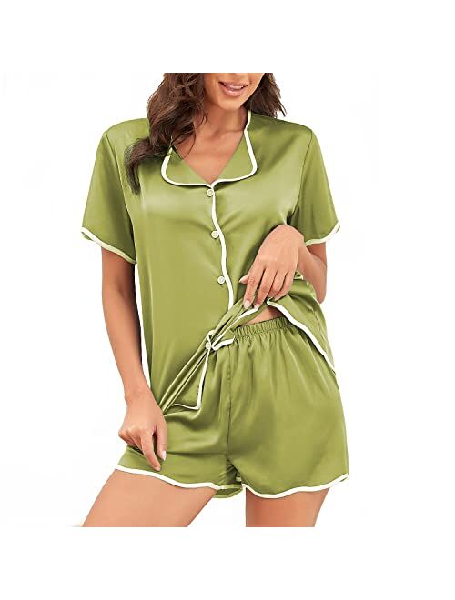 DUWMCON Silk Pajama Sets for Women Short Sleeve Sleepwear Soft Satin Loungewear Two Piece Button Down Shorts Set