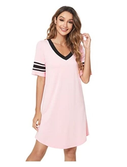 QUALFORT Bamboo Nightgowns for Women V Neck Short Sleeve Sleep Shirt Soft Sleepwear Lightweight Nightshirts