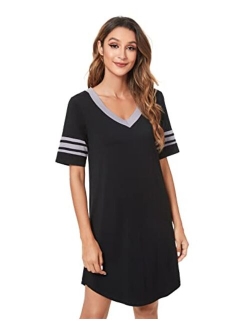 QUALFORT Bamboo Nightgowns for Women V Neck Short Sleeve Sleep Shirt Soft Sleepwear Lightweight Nightshirts