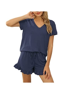 NANJUN Women's Cotton Short Sleeve Top and Shorts 2 Piece Drawstring Pajama Set Loungewear Athletic Tracksuits