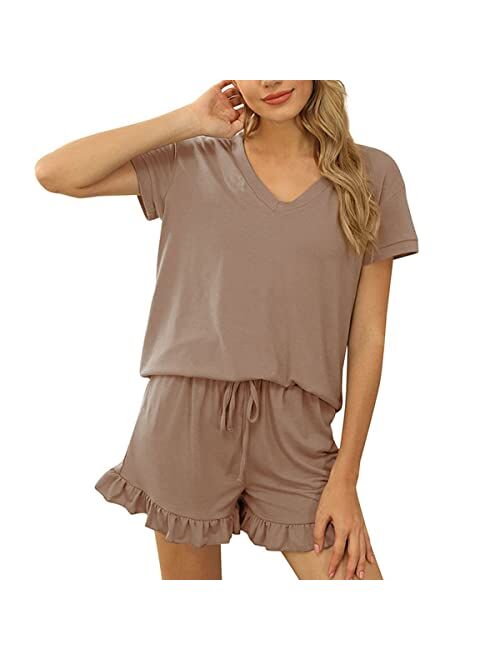 NANJUN Women's Cotton Short Sleeve Top and Shorts 2 Piece Drawstring Pajama Set Loungewear Athletic Tracksuits