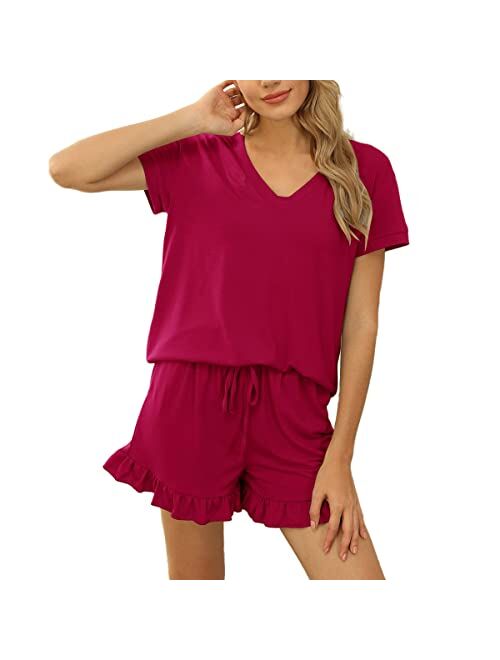 NANJUN Women's Cotton Short Sleeve Top and Shorts 2 Piece Drawstring Pajama Set Loungewear Athletic Tracksuits