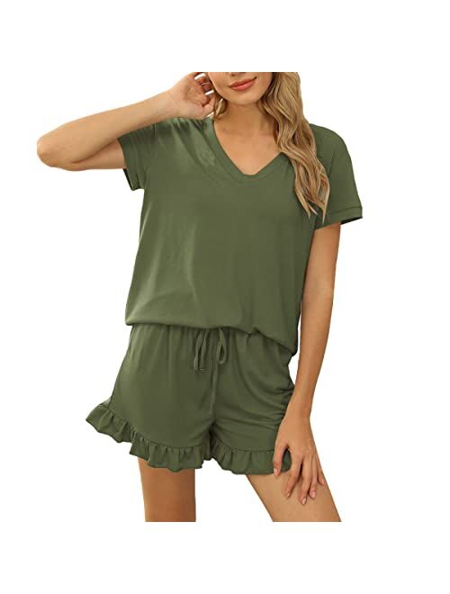 NANJUN Women's Cotton Short Sleeve Top and Shorts 2 Piece Drawstring Pajama Set Loungewear Athletic Tracksuits