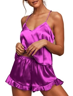 CHYRII Women's Sexy Silk Satin Ruffled Pajamas Sets Cami Shorts Sets Sleepwear