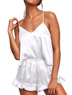 CHYRII Women's Sexy Silk Satin Ruffled Pajamas Sets Cami Shorts Sets Sleepwear