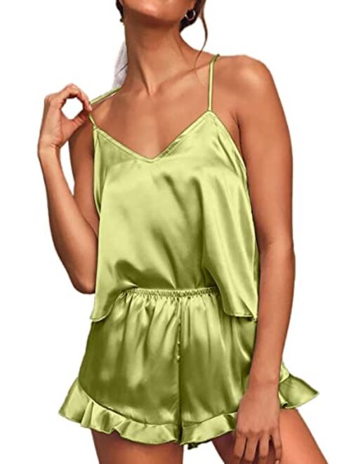 CHYRII Women's Sexy Silk Satin Ruffled Pajamas Sets Cami Shorts Sets Sleepwear