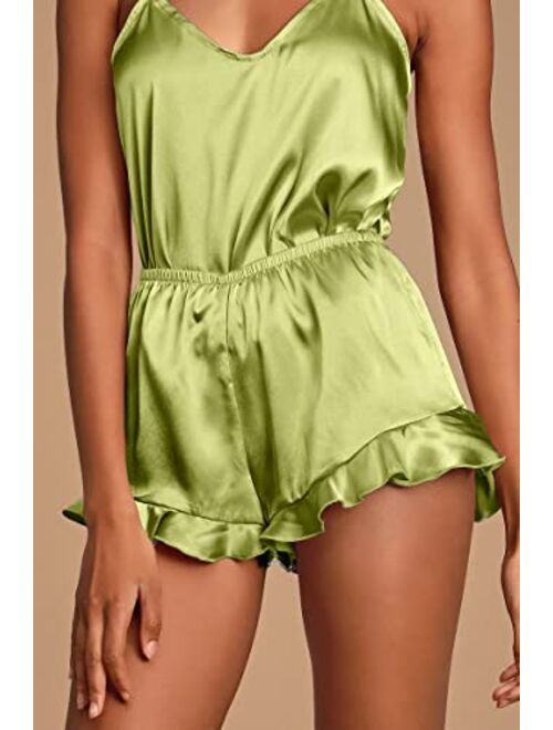 CHYRII Women's Sexy Silk Satin Ruffled Pajamas Sets Cami Shorts Sets Sleepwear