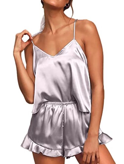 CHYRII Women's Sexy Silk Satin Ruffled Pajamas Sets Cami Shorts Sets Sleepwear