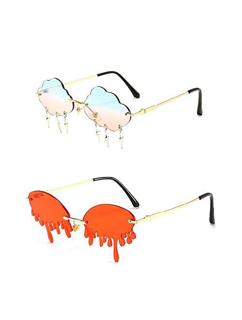 Melrose 2 Pairs Rimless Cute Sunglasses Women Trendy Vintage Clouds Lightning Shaped Sunglasses men's Cloud Tassel Glasses