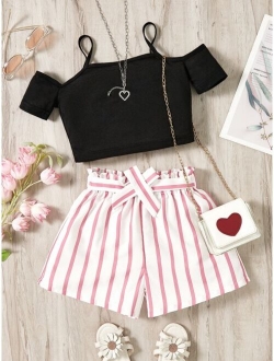 Girls Cold Shoulder Tee With Striped Belted Shorts