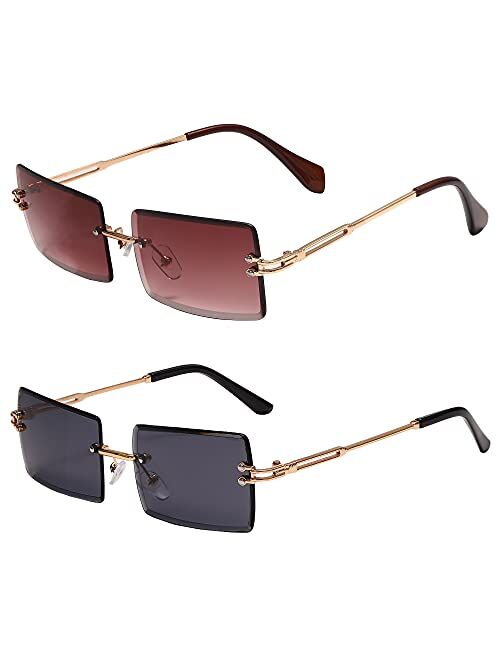 Rmerom Rectangle Sunglasses For Women Men Rimless UV Protection Fashion Square Sunglasses Tinted Lens Vintage Sun Glasses