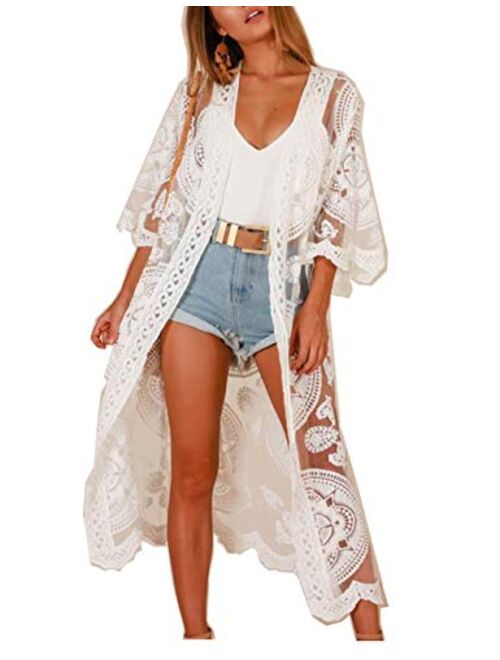 JDiction Women Swimsuit Cover Up Bathing Suit Kimono Long Beach Dress Floral Lace Bikini Swim Coverup