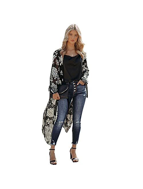 JDiction Women Swimsuit Cover Up Bathing Suit Kimono Long Beach Dress Floral Lace Bikini Swim Coverup