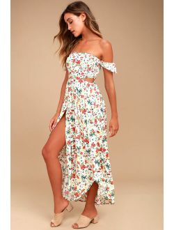 LUSH Easy on the Eyes Cream Floral Print Off-the-Shoulder Maxi Dress