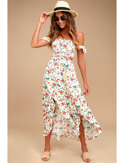 LUSH Easy on the Eyes Cream Floral Print Off-the-Shoulder Maxi Dress