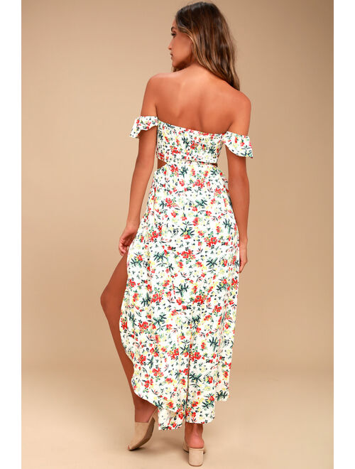 LUSH Easy on the Eyes Cream Floral Print Off-the-Shoulder Maxi Dress