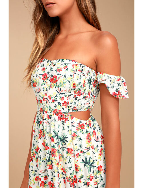 LUSH Easy on the Eyes Cream Floral Print Off-the-Shoulder Maxi Dress