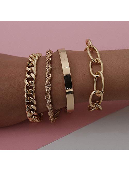 fxmimior Dainty Boho Gold Silver Chain Bracelets Set for Women Adjustable Fashion Beaded Chunky Flat Cable Chain Punk Bracelets Jewelry for Women Girls Gift Set of 4 (Gol