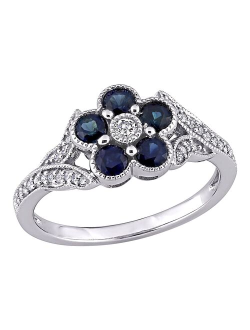 Stella Grace 10K White Gold Sapphire & 1/6 Carat T.W. Diamond Flower Ring