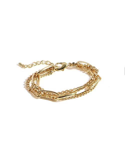 Badu Gold Bracelets for Women Girls 14K Gold Plated Dainty Link Paperclip Choker Bracelet Stack Gold Small Ball Beads Bracelets Adjustable Layered Metal Link Bracelet