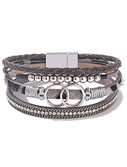 Fancy Shiny Boho Wrap Bracelets Leather Cuff Bangle Beaded Bracelets for Women Stackable Infinity Bracelets Jewelry with Magnetic Clasp