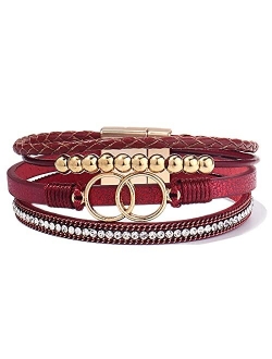 Fancy Shiny Boho Wrap Bracelets Leather Cuff Bangle Beaded Bracelets for Women Stackable Infinity Bracelets Jewelry with Magnetic Clasp