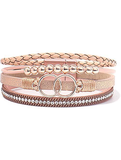 Fancy Shiny Boho Wrap Bracelets Leather Cuff Bangle Beaded Bracelets for Women Stackable Infinity Bracelets Jewelry with Magnetic Clasp