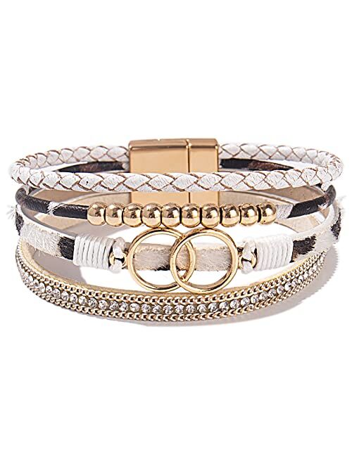 Fancy Shiny Boho Wrap Bracelets Leather Cuff Bangle Beaded Bracelets for Women Stackable Infinity Bracelets Jewelry with Magnetic Clasp