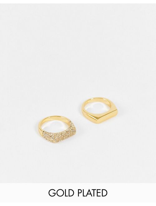 ASOS DESIGN Curve 14k gold plated pack of 2 rings in smooth and crystal bar designs