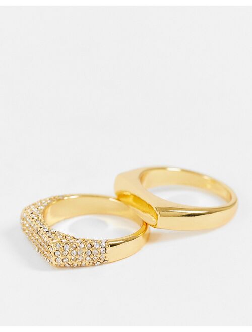 ASOS DESIGN Curve 14k gold plated pack of 2 rings in smooth and crystal bar designs