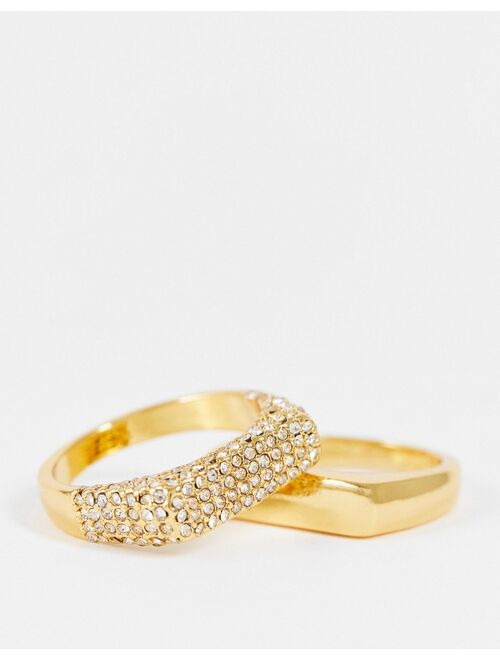 ASOS DESIGN Curve 14k gold plated pack of 2 rings in smooth and crystal bar designs