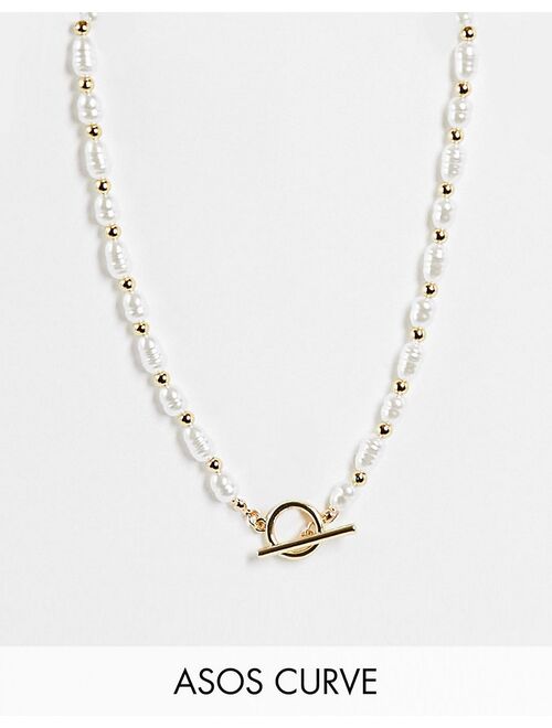 ASOS DESIGN Curve pearl necklace with T-bar detail in gold