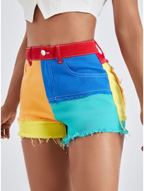 Shein Colorblock Raw Hem Denim Shorts