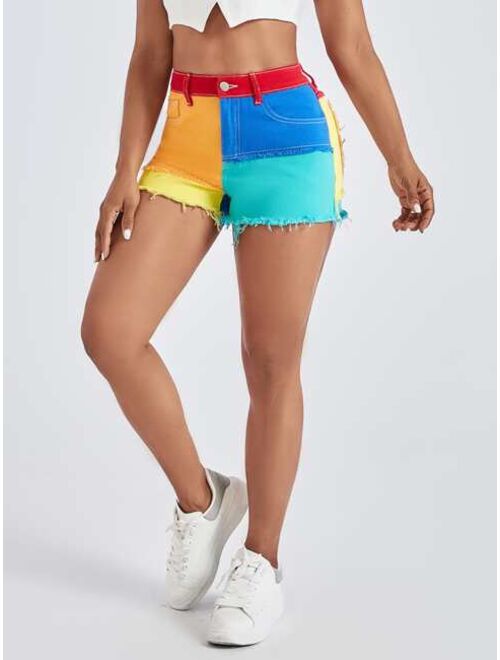 Shein Colorblock Raw Hem Denim Shorts