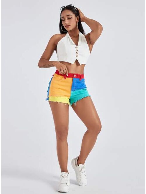 Shein Colorblock Raw Hem Denim Shorts